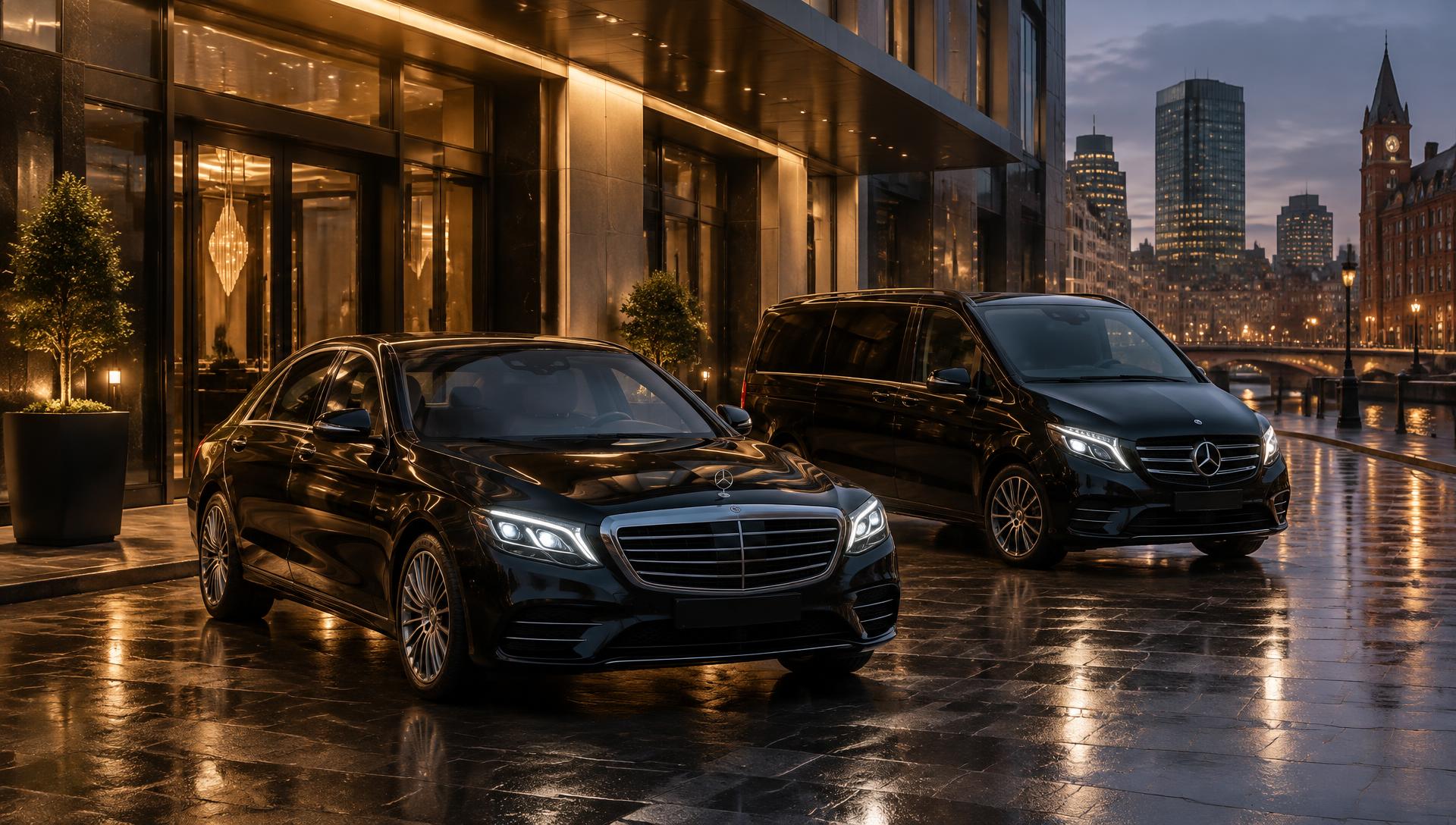 Black Mercedes chauffeur cars outside a luxury Manchester hotel